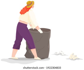Ecology problems and global pollution concept. Volunteer woman is cleaning area. Girl volunteering collects garbage and rubbish on contaminated territory. Character throwing trash and paper waste