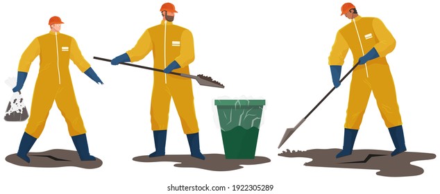 Ecology problems and global pollution concept. Volunteer people are cleaning dirty area. People in protective suits collecting oil and waste contaminated territory of sand and throwing them away