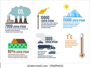 Ecology problems infographic elements in flat style.Industrial infographic elements. Greenhouse effect and global warming infographic elements.
