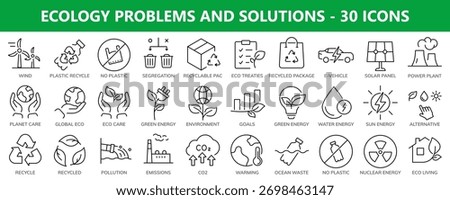 Ecology problems and solutions. Environment care and green initiatives. Vector editable line icons.