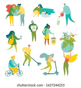 Ecology problems vector illustration. Recycle,zero waste concept.Ecological lifestyle.Man and woman take care about planet. People with eco friendly tools.Flat cartoon set isolated on white background