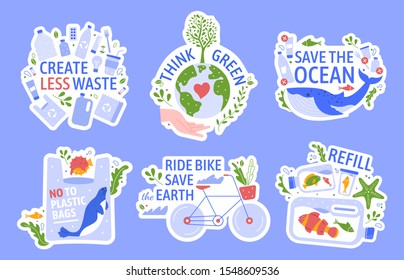 Ecology protecting. Save the environment, zero waste, save the ocean and recycle concept vector illustration icons set. Anti plastic. Eco friendly lifestyle. Ecological stickers with slogans