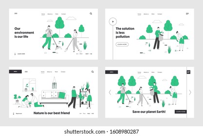 Ecology Protection Charity, Gardening Website Landing Page Set. Volunteers Cleaning Garbage, Collecting Trash to Sack, Couple Care of Plants Web Page Banner. Cartoon Flat Vector Illustration, Line Art