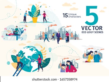 Ecology Protection, Clean Environment, Atmosphere and Air Pollution, City People Suffering from Smog Scenes, Climate Changes Because of Greenhouse Gasses Concepts Trendy Flat Vector Illustrations Set