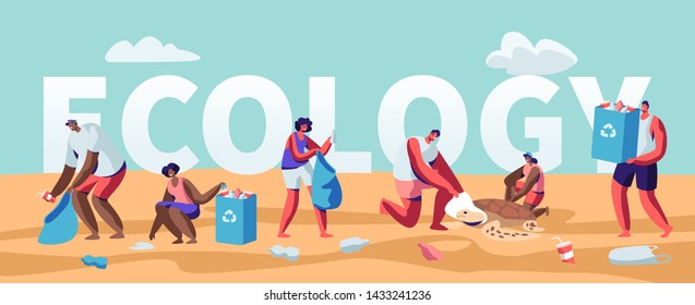 Ecology Protection Concept, People Collecting Trash on Beach. Pollution of Seaside with Garbage. Volunteers Clean Up Wastes on Coast Poster, Banner, Flyer, Brochure. Cartoon Flat Vector Illustration