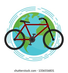 Ecology protection. Green transport. Red bicycle on planet earth on a white background. Vector flat illustration.