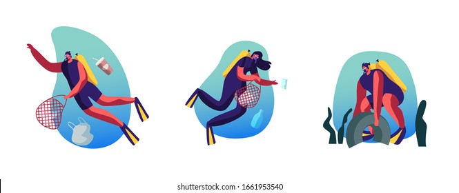 Ecology Protection Icons Set. Divers Collecting Trash into Basket Underwater. Plastic Pollution of Sea with Different Kinds of Garbage. Wastes Floating in Ocean Water. Cartoon Flat Vector Illustration