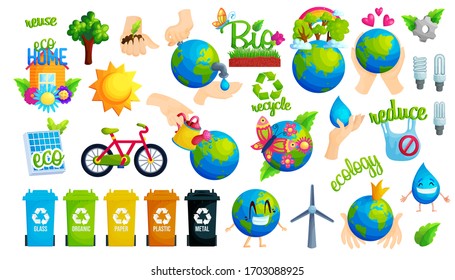 Ecology protection idea flat vector illustration set. Collection of ecological stickers. Reuse, recycle, reduce. Waste sorting. Eco friendly lifestyle. Sustainable energy. Save planet