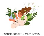 Ecology protection, nature and environment conservation concept. Saving planet for eco sustainable development. Happy woman holding Earth. Flat vector illustration isolated on white background