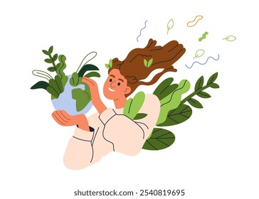 Protección ecológica, conservación de la naturaleza y el medio ambiente. Salvar el planeta para el desarrollo ecológico sostenible. Mujer feliz que sostiene la Tierra. Ilustración vectorial plana aislada sobre fondo blanco