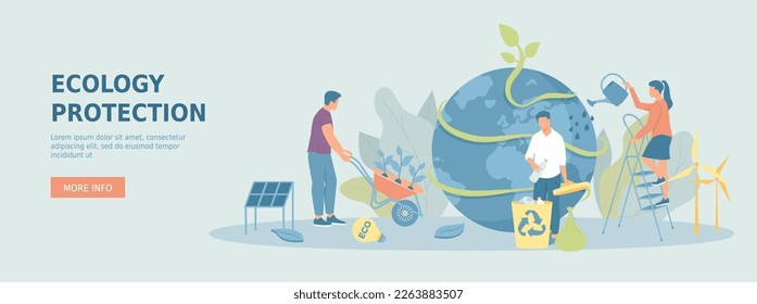 Ecology protection. Save earth planet, ecology, energy. Use renewable resources for protect nature. Promotional web banner. Cartoon flat vector illustration with people characters.	
