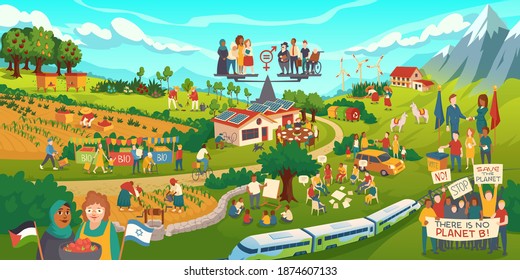 Ecology protection and save nature concept. People planting trees, harvesting crop on field, voting on election. Palestinian and Israeli friendship, bio products sale cartoon flat vector illustration