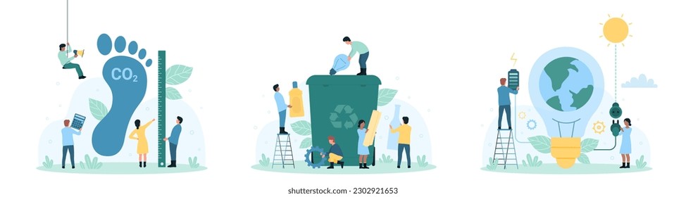 Ecology protection set vector illustration. Cartoon tiny people measure impact of carbon dioxide, recycle garbage into container with recycling sign, charge light bulb and battery from solar energy