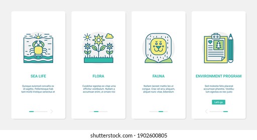 Ecology protection technology vector illustration. UX, UI onboarding mobile app page screen environmental set with line protective program to save environment, flora fauna, marine life and sea animals