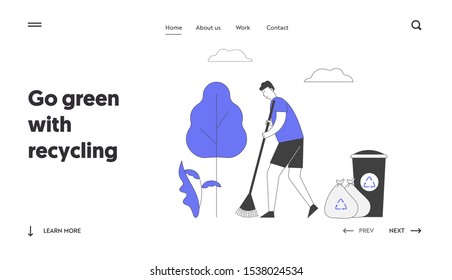 Ecology Protection Website Landing Page. Man Volunteer Sweeping Ground in Park Collecting Trash into Bags and Litter Bin with Recycling Sign Web Page Banner. Cartoon Flat Vector Illustration, Line Art