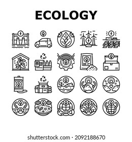 Ecology Protective Technology Icons Set Vector. Eco Box Packaging And Ecology Clean Electrical Car, Plastic Recycling Conveyor And Biotechnology Processing Black Contour Illustrations