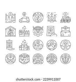 Ecology Protective Technology Icons Set Vector. Eco Box Packaging And Ecology Clean Electrical Car, Plastic Recycling Conveyor And Biotechnology Processing Black Contour Illustrations