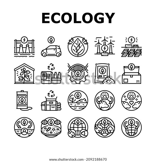 Ecology Protective Technology Icons Set
Vector. Eco Box Packaging And Ecology Clean Electrical Car, Plastic
Recycling Conveyor And Biotechnology Processing Black Contour
Illustrations