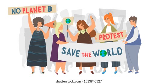 Ecology protest flat vector illustration. Save our planet, ecological movement, сlimate change, environmental activism concept. Group of people on a rally holding banners, flags and placards.