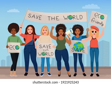 Ecology protest. Save our planet, ecological movement, сlimate change, environmental activism concept. Group of people on a rally holding banners, flags and placards.