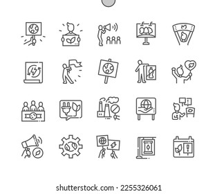 Ecology protest. Stop global warming. Ecology public concern. Renewable energy. Pixel Perfect Vector Thin Line Icons. Simple Minimal Pictogram