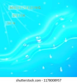 Ecology purity water concept. Vector illustration background with flows and drops of crystal clear water of light blue, turquoise color. Cosmetics moisturizing ads template. Hydrating facial or body.