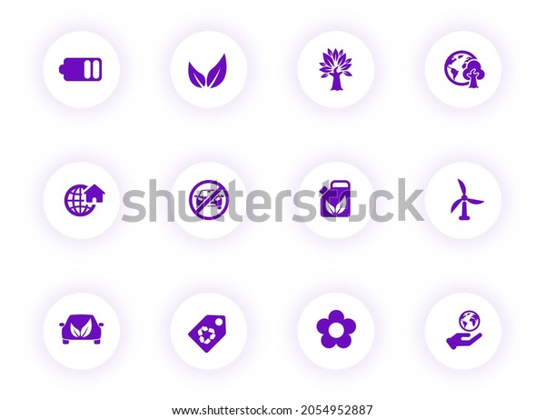 ecology purple color vector icons on light round\
buttons with purple shadow. ecology icon set for web, mobile apps,\
ui design and print