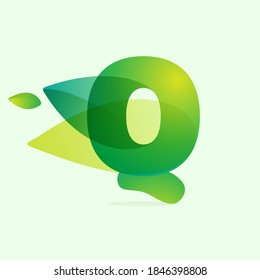 Ecology Q letter logo with green leaves. Vector watercolor typeface for agriculture labels, botanical headlines, herbal posters, foliage identity etc.
