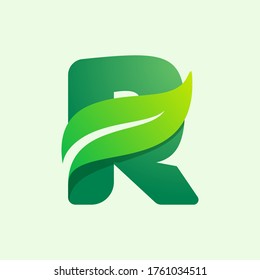 Ecology R letter logo with green leaf. Vector typeface for agriculture labels, vegan headlines, herbal posters, summer identity etc.