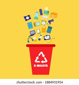 Ecology and recycle concept.E-waste recycle bin.Batteries, phone, television, camera, refrigerator, computer, hair dryer, microwave, headphone, power cables, washing machine and light bulbs.