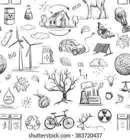 Ecology and recycle doodle icons set, excellent vector illustration. 
Hand-drawn seamless pattern
