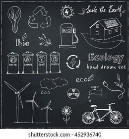 Ecology and recycle doodle icons set Vector collection of sketches isolated on chalk background