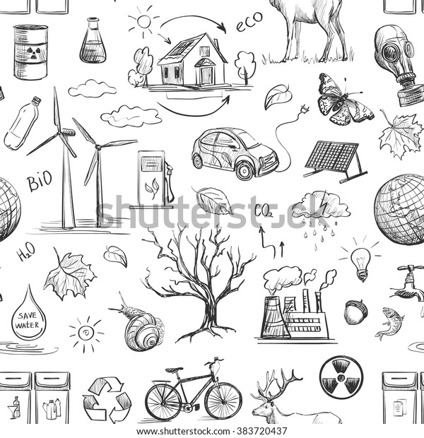 Ecology and recycle
doodle icons set, excellent vector illustration. 
Hand-drawn
seamless pattern
