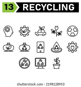 Ecology And Recycle Icon Set Include Head, Gear, Environment, Ecology, Recycle, Leaf, Sustainable, Car, Waste, Vehicle, Energy, Electric, Reactor, Nuclear, Power, Industry, Tank, Eco, Device, Gadget