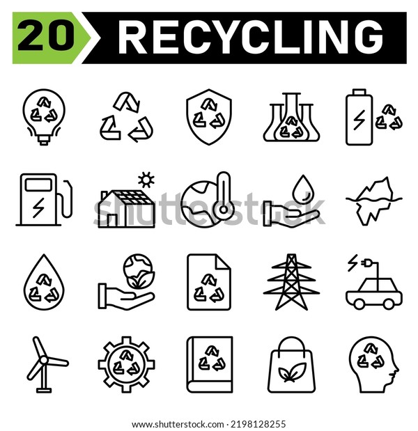 Ecology and Recycle icon set include recycling,
waste, material, shield, protect, chemistry, science, battery,
charging, station, electric, charger, house, solar, panel, home,
thermometer, warming