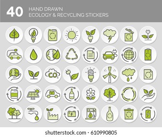 Ecology and Recycling button set. Hand drawn vector illustration. Paper cut effect.