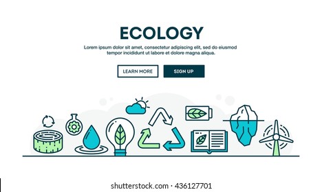 Ecology, recycling, environment, sustainability, colorful concept header, flat design thin line style, vector illustration