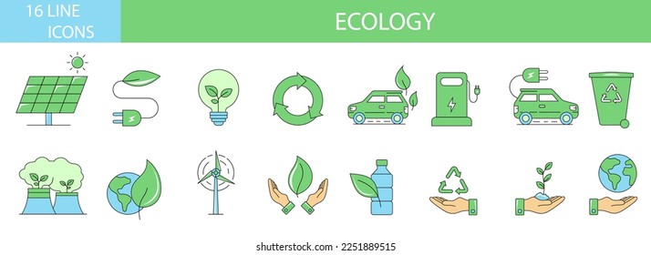 Ecología, reciclaje, energía verde, calentamiento global, conjunto de 16 íconos web vectores de línea. Trazo editable.