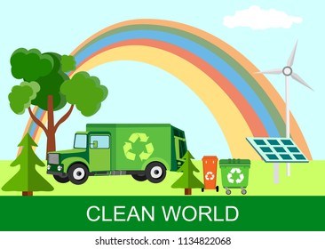 Ecology recycling modern technologies environment care theme, rainbow, garbage clening truck, concept vector illustration, composition