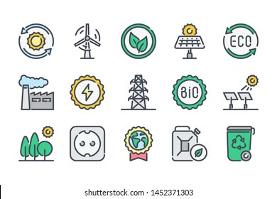 Ecology related color line icon set. Ecology and nature colorful linear icons. Environment flat color outline vector sign collection.