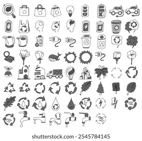 Ecology Related Doodle vector icon set. Drawing sketch illustration hand drawn line.