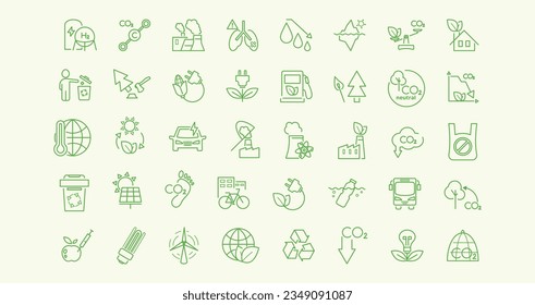 Ecology related line icon set. hydrogen, energy, co2 molecule, lungs, air, carbon capture, climate, deforestation, ocean pollution, plastic, biofuels, gmo vector illustration. Editable stroke