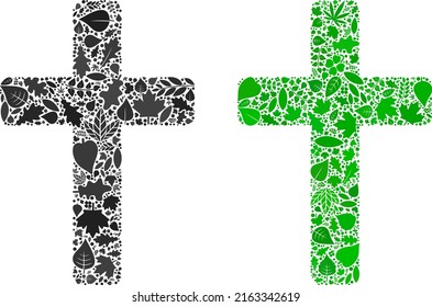 Ecology religious cross icon collage of floral leaves in green and natural color hues. Ecological environment vector template for religious cross icon.