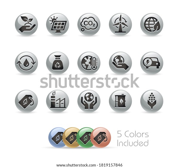 Ecology and Renewable Energy Icons // Metal Round\
Series - The vector file includes 5 color versions for each icon in\
different layers.