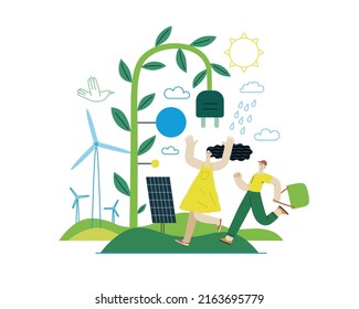 Ecology - Renewable energy -Modern flat vector concept illustration of Solar panels, Wind turbines, Rain power. A young woman and a boy running. Creative landing web page illustartion