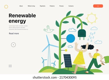 Ecología - Energía renovable - Moderna ilustración del concepto de vector plano de paneles solares, turbinas eólicas, potencia de lluvia. Una joven y un niño corriendo. plantilla de página web de aterrizaje creativo