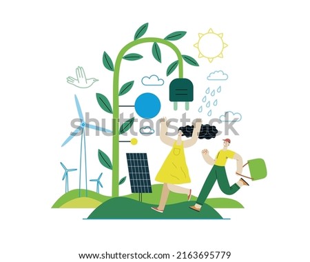 Ecology - Renewable energy -Modern flat vector concept illustration of Solar panels, Wind turbines, Rain power. A young woman and a boy running. Creative landing web page illustartion