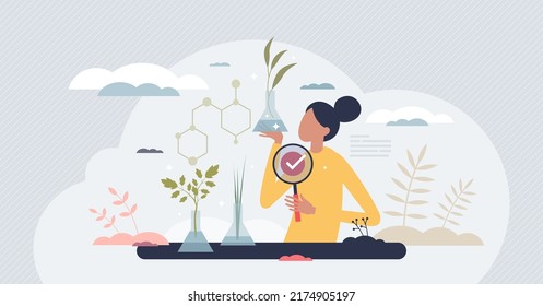 Ecology research and innovation with nature scientific analysis tiny person concept. Biological tests with growing plants from biochemistry gene aspect vector illustration. Environmental biology lab