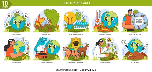 Conjunto de investigaciones ecológicas. Influencia humana, análisis de desafíos ambientales. Cambio climático y contaminación ambiental. Biodiversidad, energía renovable, sostenibilidad. Ilustración vectorial plana