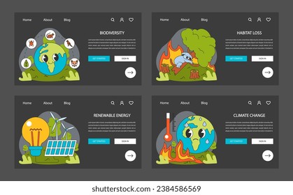 Ecology research web banner or landing page night or dark mode set. Human influence, environmental challenges. Climate change and pollution. Biodiversity, green energy, sustainability. Flat vector